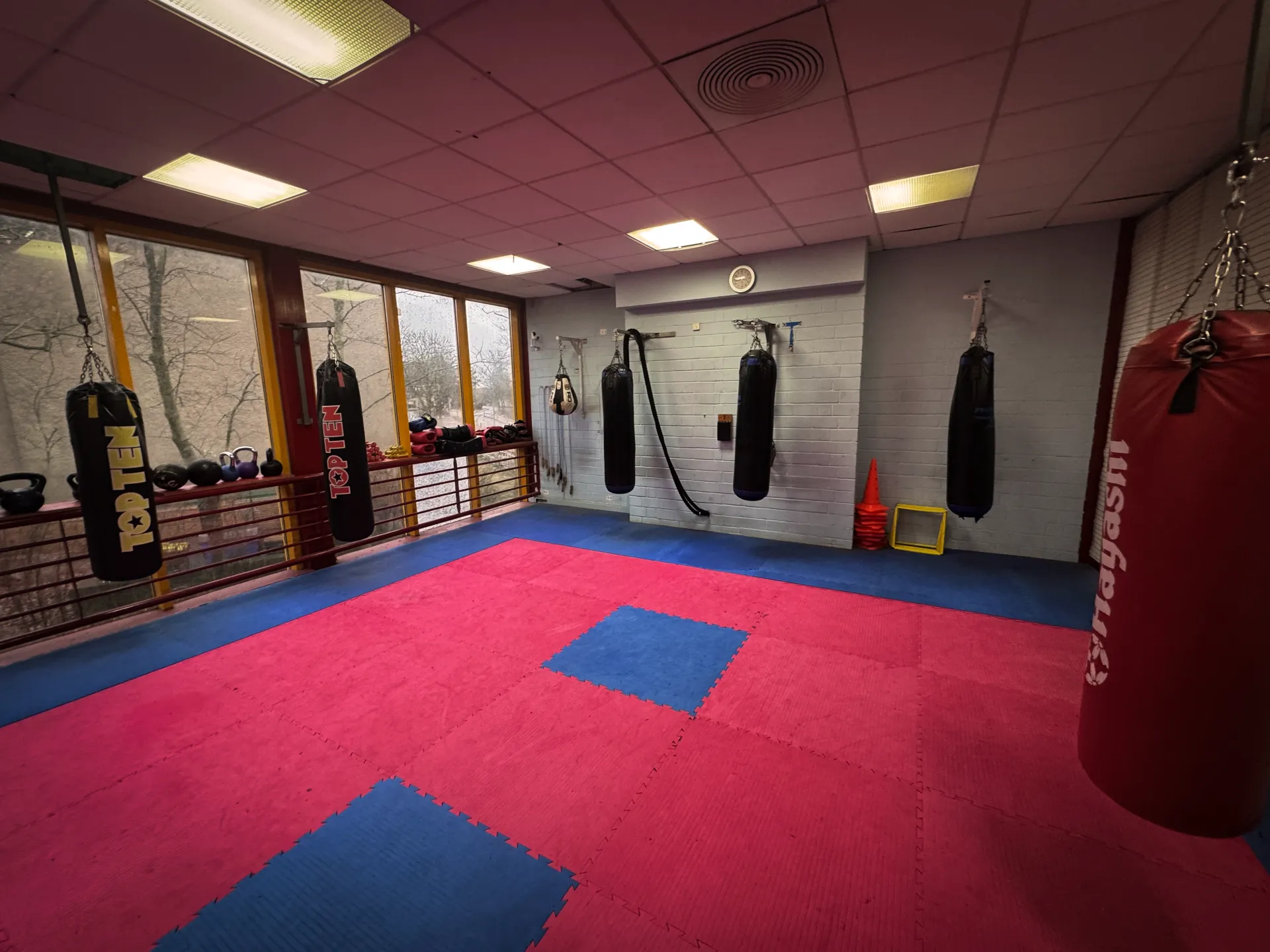 Trainingshalle von Muay Thai Subyen e.V. in Berlin – Matten, Sandsäcke und Pratzen am Fenster
